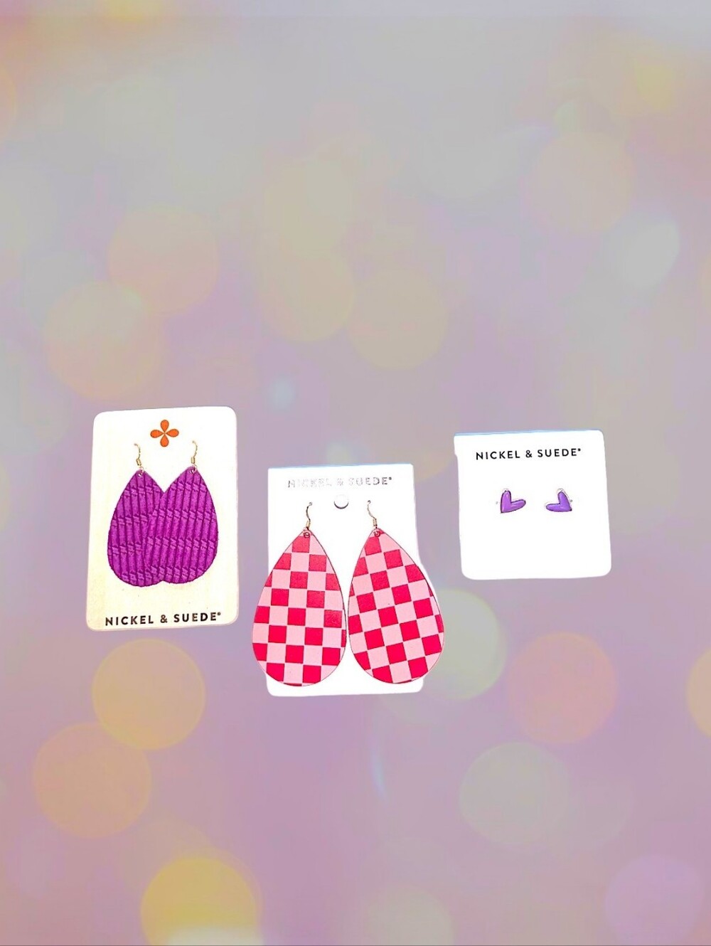 Nickel & Suede LOT 3 Pairs-Pink Checkerboard, Purple Textured, Purple Heart NEW
